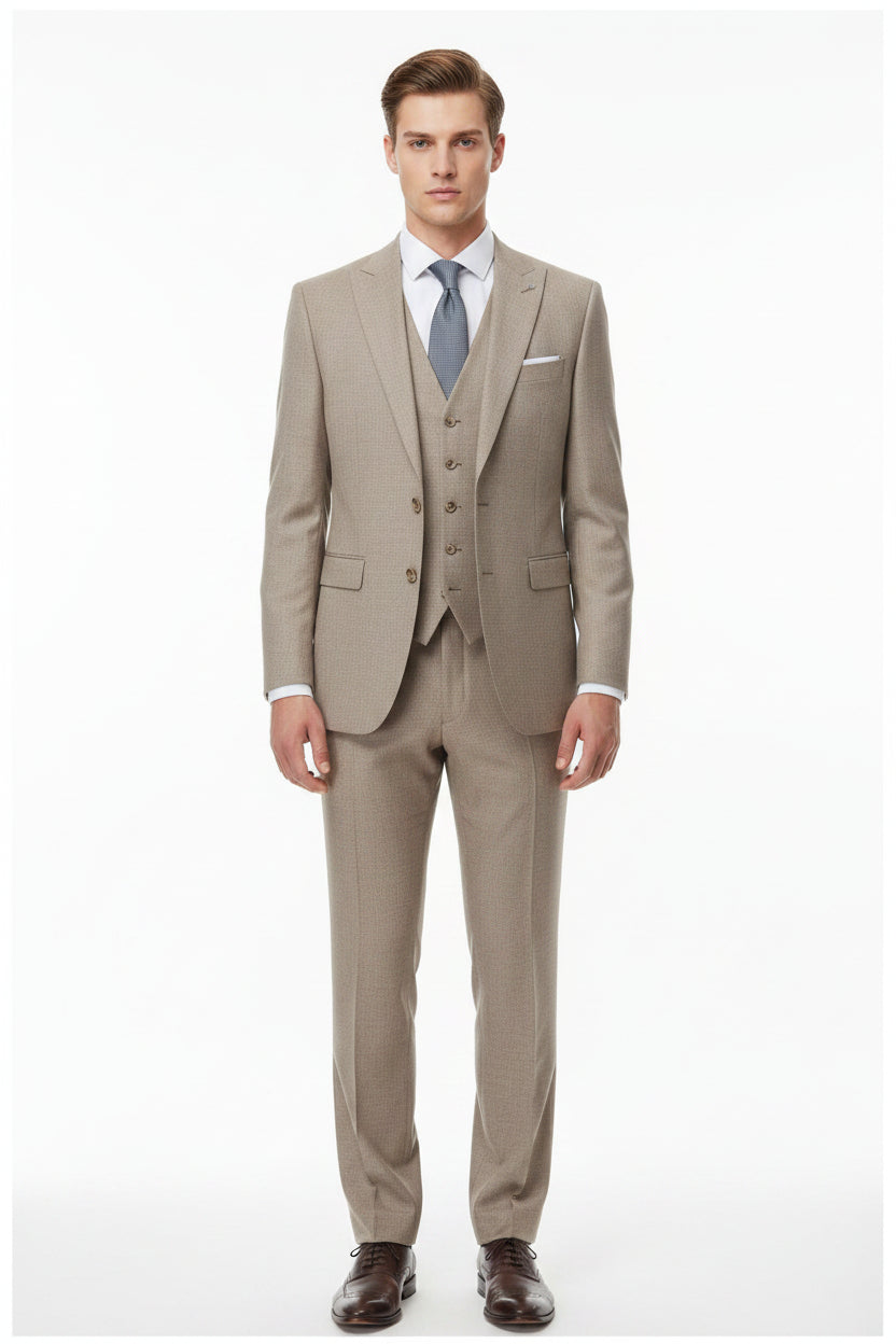 Raymond ivory polywool trousers and suiting fabric close-up showing smooth textured material and woven pattern.