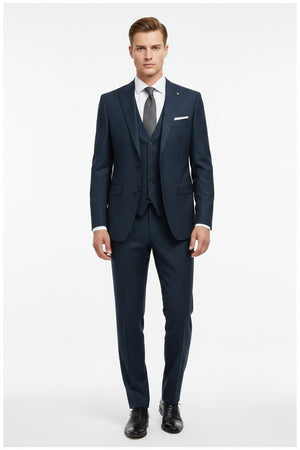 Raymond Prussian Blue unstitched poly-viscose trousers and suiting fabric, suitable for custom tailoring, displayed flat.
