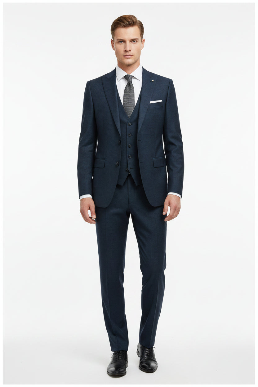 Raymond Prussian Blue unstitched poly-viscose trousers and suiting fabric, suitable for custom tailoring, displayed flat.
