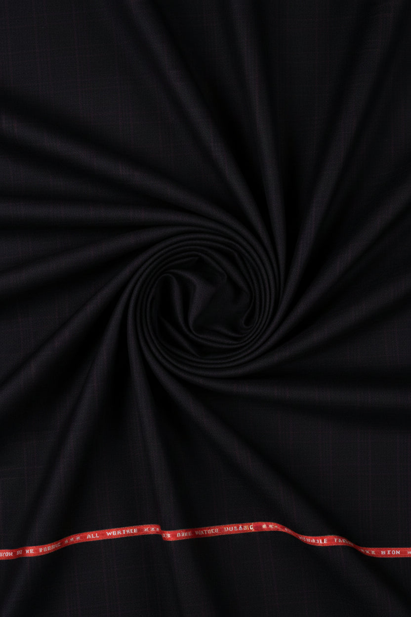 Purple fabric with a red label at the 