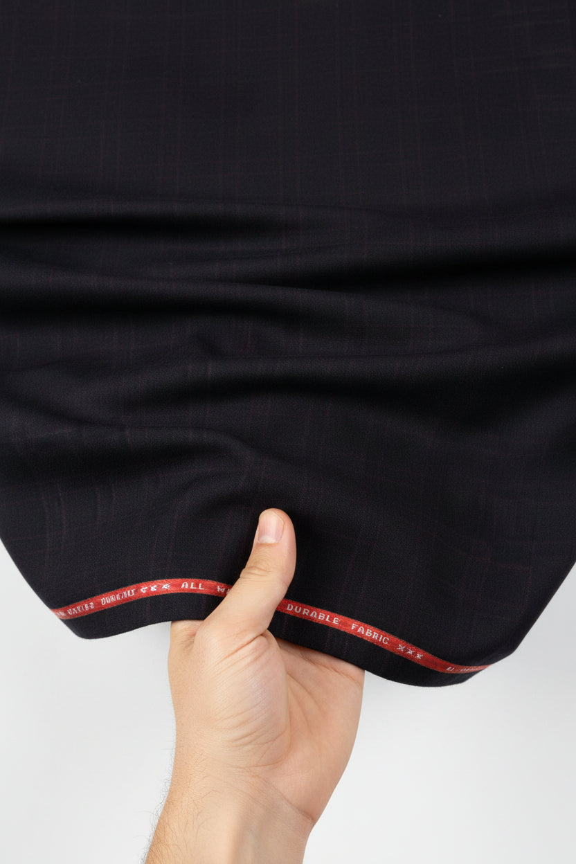 Purple fabric with a red label at the top