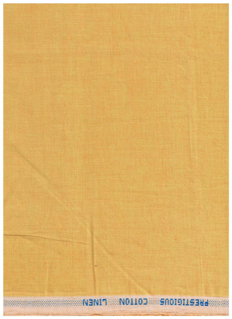 A square sample of yellow-gold woven cotton linen fabric with a blue printed label reading 'PRESTIGIOUS COTTON LINEN' along the top edge.