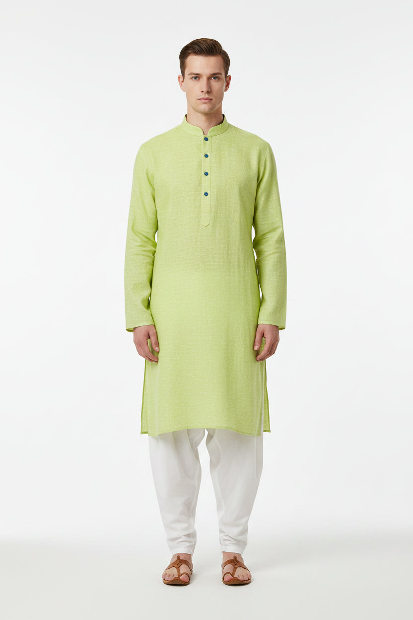Arvind linen shirting fabric in light blue with subtle texture, ideal for custom shirts and summer clothing.