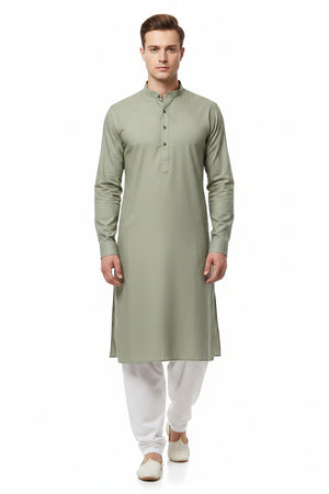 Olive green Tessuti satin unstitched shirting fabric from Mensfabric, showing smooth, glossy textile with fabric edges.