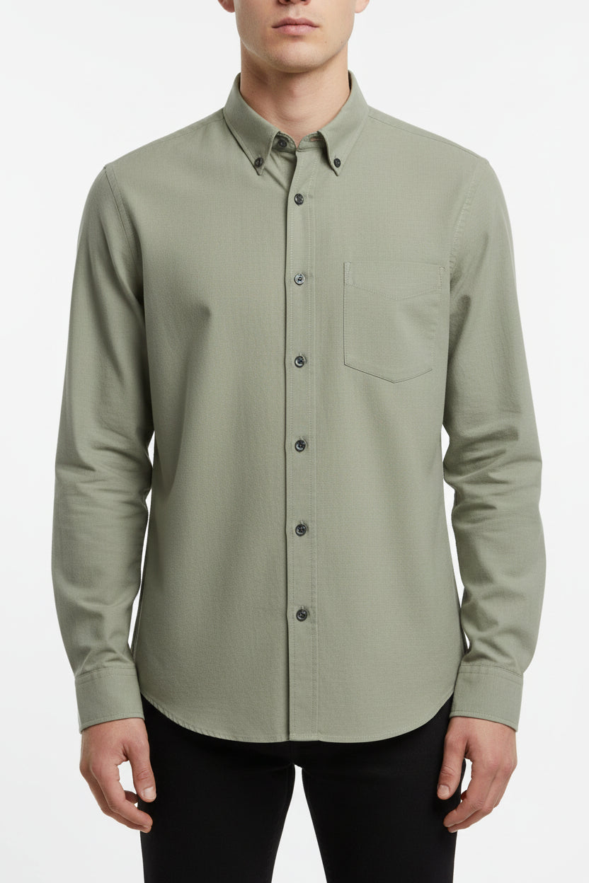 Olive green Tessuti satin unstitched shirting fabric from Mensfabric, showing smooth, shiny satin texture and fabric drape.