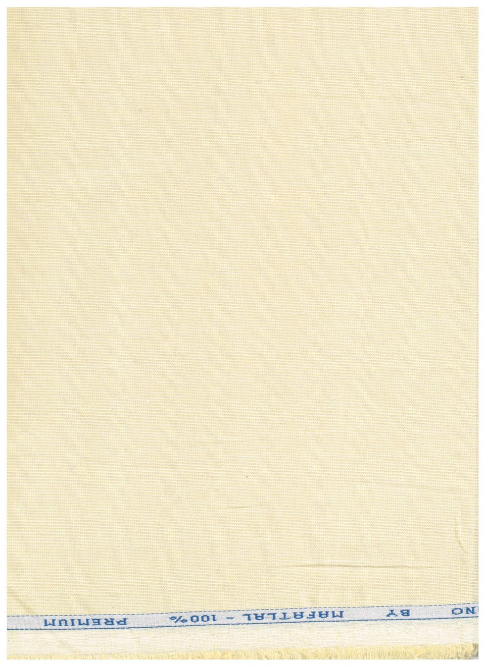 A square cream-colored cotton muslin fabric piece with a blue printed header at the top edge reading 'NO. BY MAFATLAL - 100% PREMIUM'.