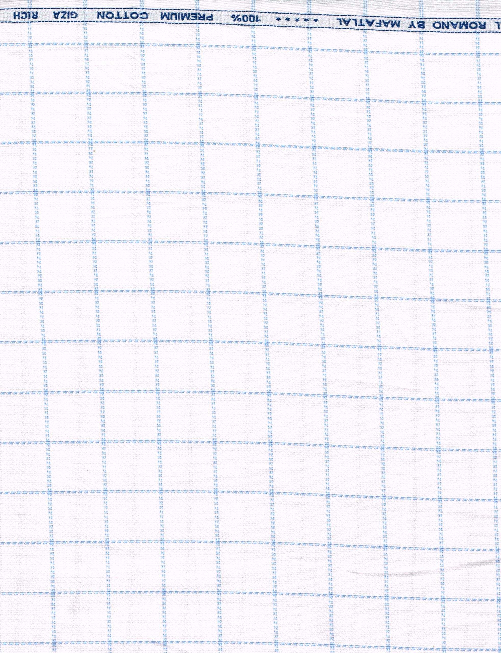 Experience The Luxury of Unstitched Giza Cotton Shirting Fabric By Mafatlal ( Blue Checks on White )