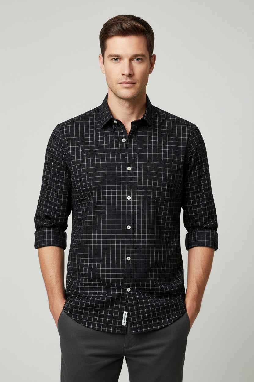 White checkered Arvind Giza cotton shirting fabric with black checks, suitable for shirts and apparel crafting.
