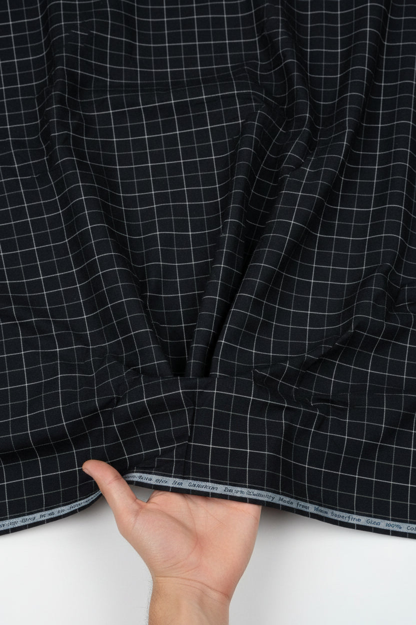 Experience The Luxury of Unstitched Giza Cotton Shirting Fabric By Arvind ( White Checks on Black )