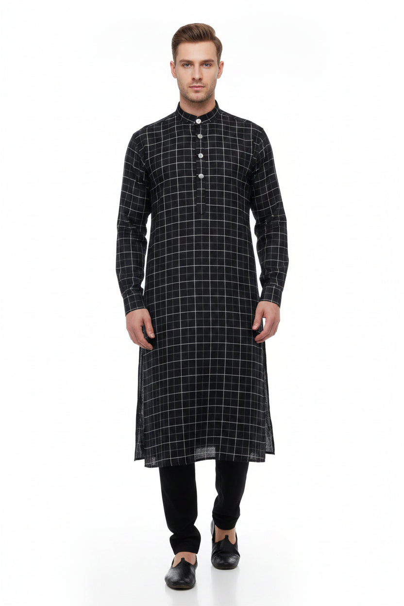 White and black checked Arvind Giza cotton shirting fabric with a crisp, woven texture, suitable for shirts and apparel.