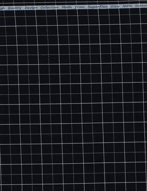 White checkered Arvind Giza cotton shirting fabric with black checks, showing the fabric's pattern and texture.