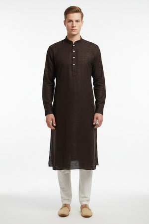 Dark brown readymade kurta  with a subtle pattern on a plain background
