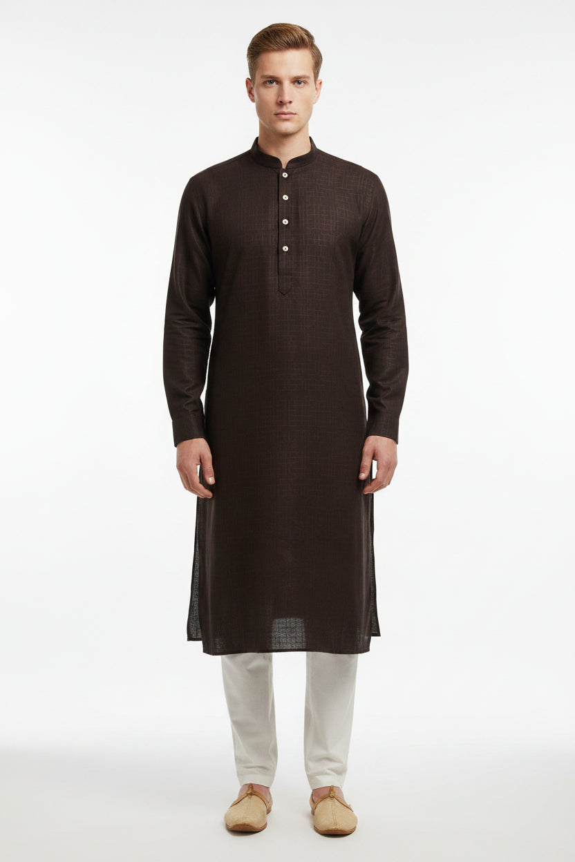 Dark brown readymade kurta  with a subtle pattern on a plain background