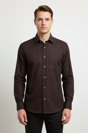 dark brown readymade shirt with a subtle pattern on a plain background