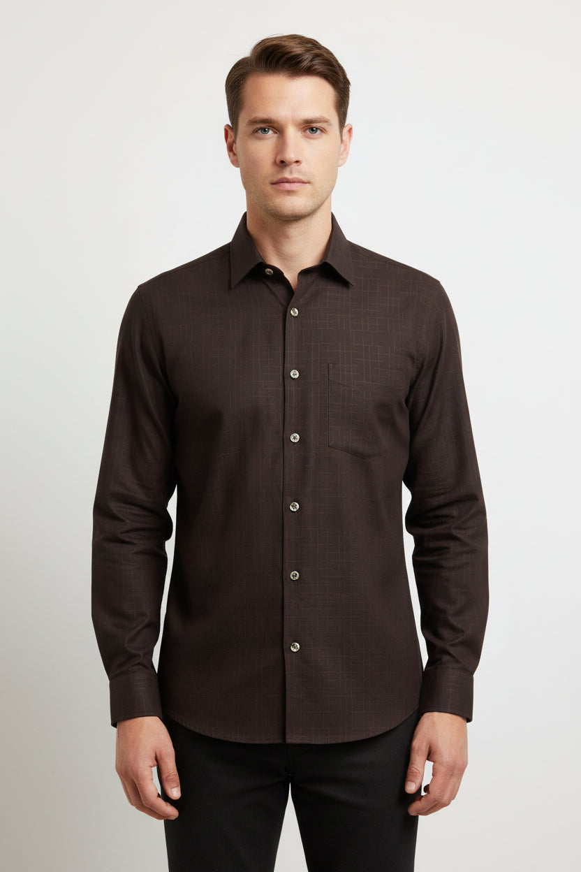 dark brown readymade shirt with a subtle pattern on a plain background