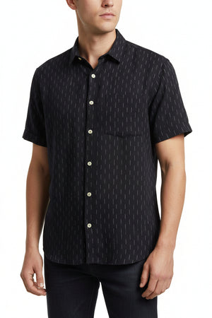 Black readymade shirt  with a subtle pattern of small white lines, branded 'Tresca by Arvind'.