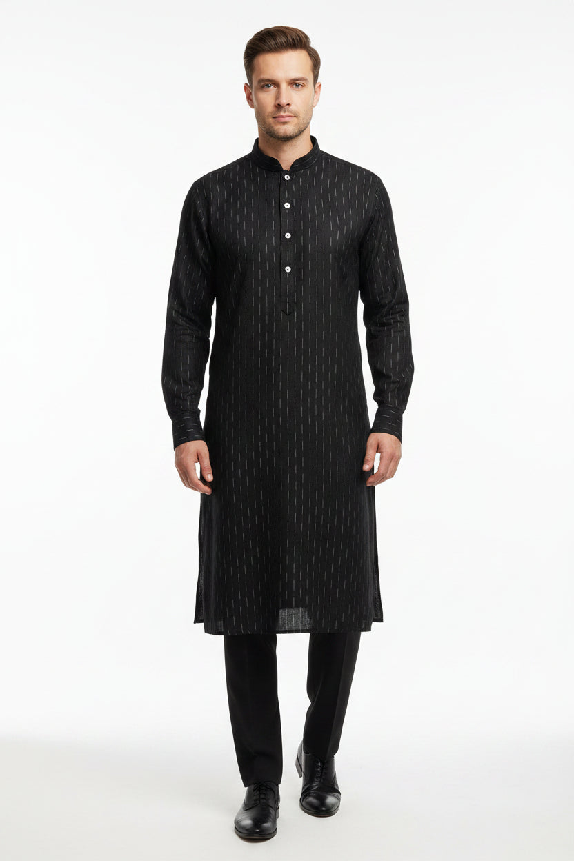 Black Readymade shirt with a subtle pattern of small white lines, branded 'Tresca by Arvind'.