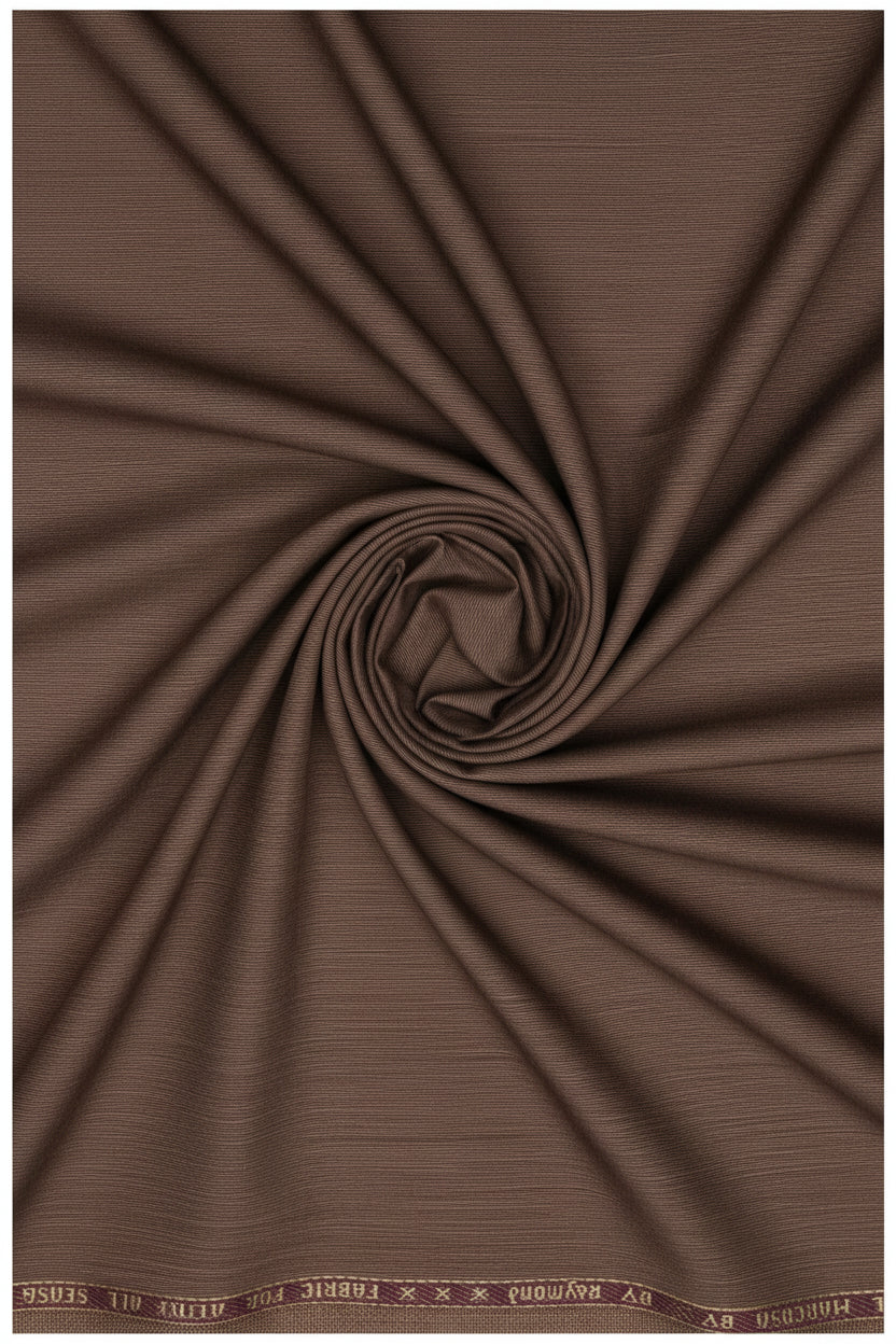 Brown Raymond unstitched polywool trouser and suiting fabric shown, featuring luxurious fabric texture and vibrant color details.