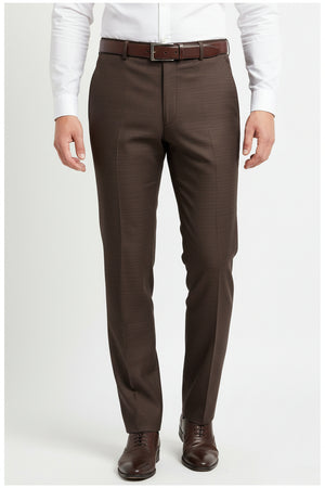 Brown Raymond Polywool trousers and suiting fabric, close-up of textured woven material, ideal for formalwear and tailoring.