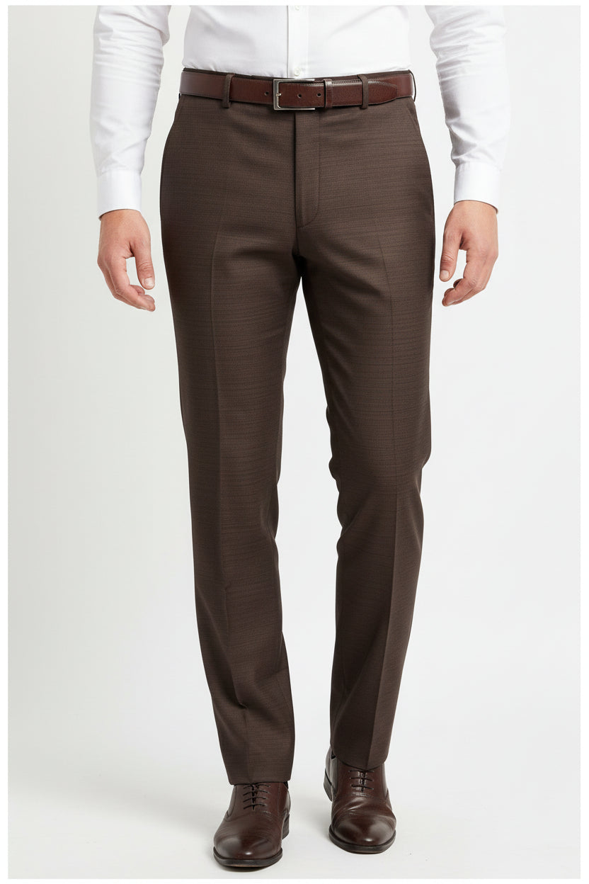 Brown Raymond Polywool trousers and suiting fabric, close-up of textured woven material, ideal for formalwear and tailoring.