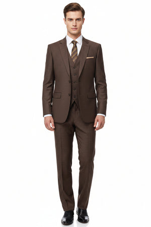 Brown Raymond Polywool trousers and suiting fabric, showcasing the textured textile material and tailored fit.