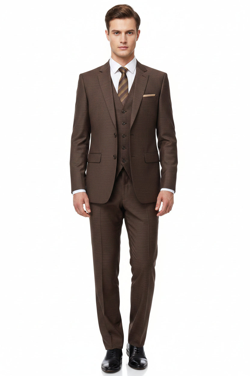 Brown Raymond Polywool trousers and suiting fabric, showcasing the textured textile material and tailored fit.