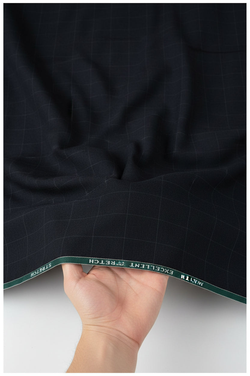 Charcoal grey Raymond unstitched checks poly viscose lycra trousers and suiting fabric, suitable for tailoring or custom suits