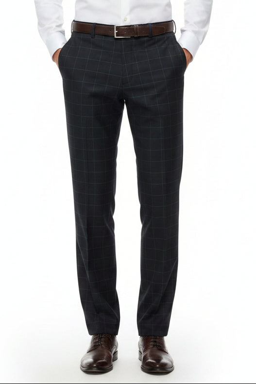 Raymond charcoal grey checks poly viscose lycra trousers and suiting fabric, fabric texture and pattern visible in the image