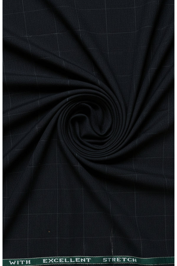 Charcoal grey Raymond Poly viscose suiting fabric with lycra and check pattern, suitable for tailored suits and formal wear.