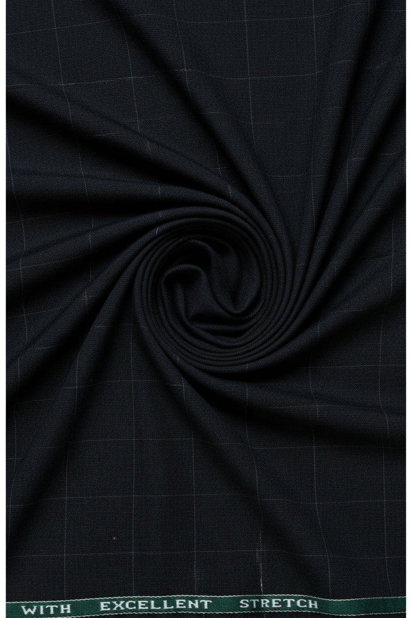 Raymond unstitched charcoal grey checks poly viscose Lycra trousers and suiting fabric, displayed flat with fabric texture visible.