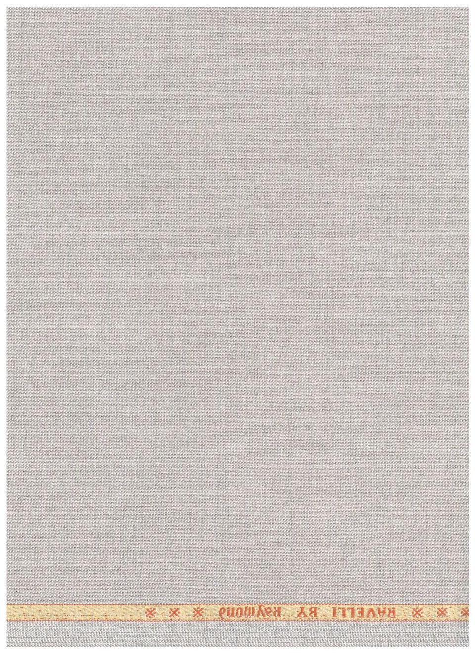A square fabric swatch from Ravelli by Raymond, featuring a light beige linen-like texture with a decorative orange and gold border along the top edge.