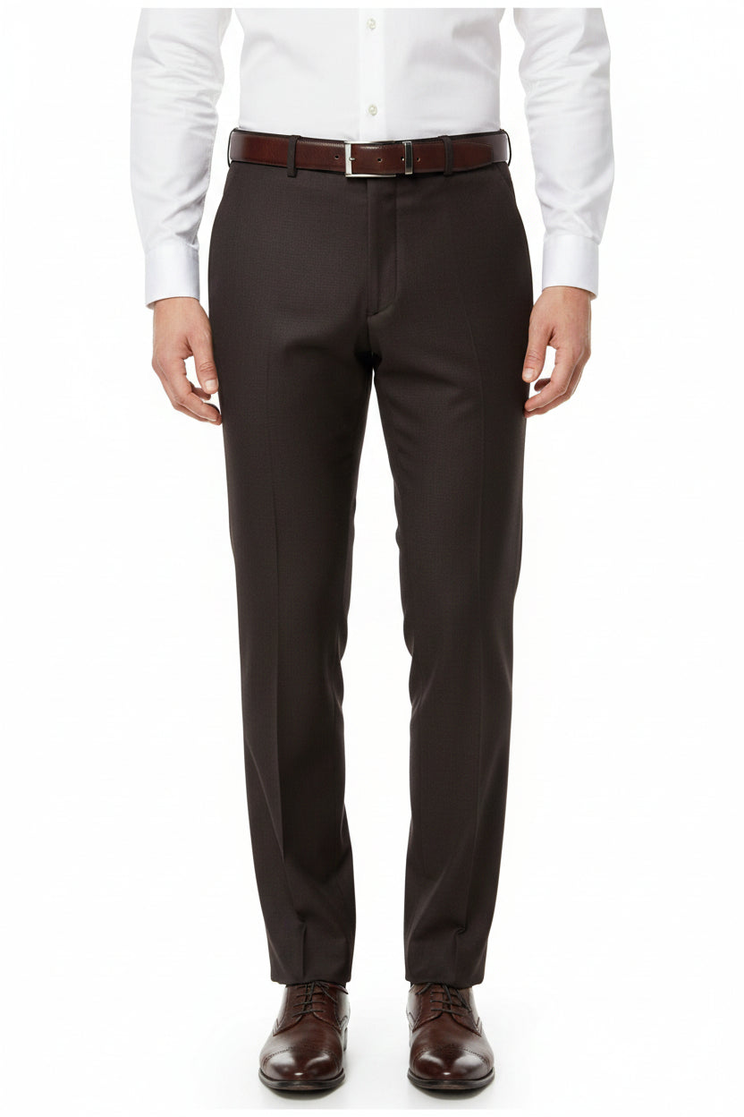 Brown Raymond Poly viscose trouser and suiting fabric swatch, showcasing the textured textile material.