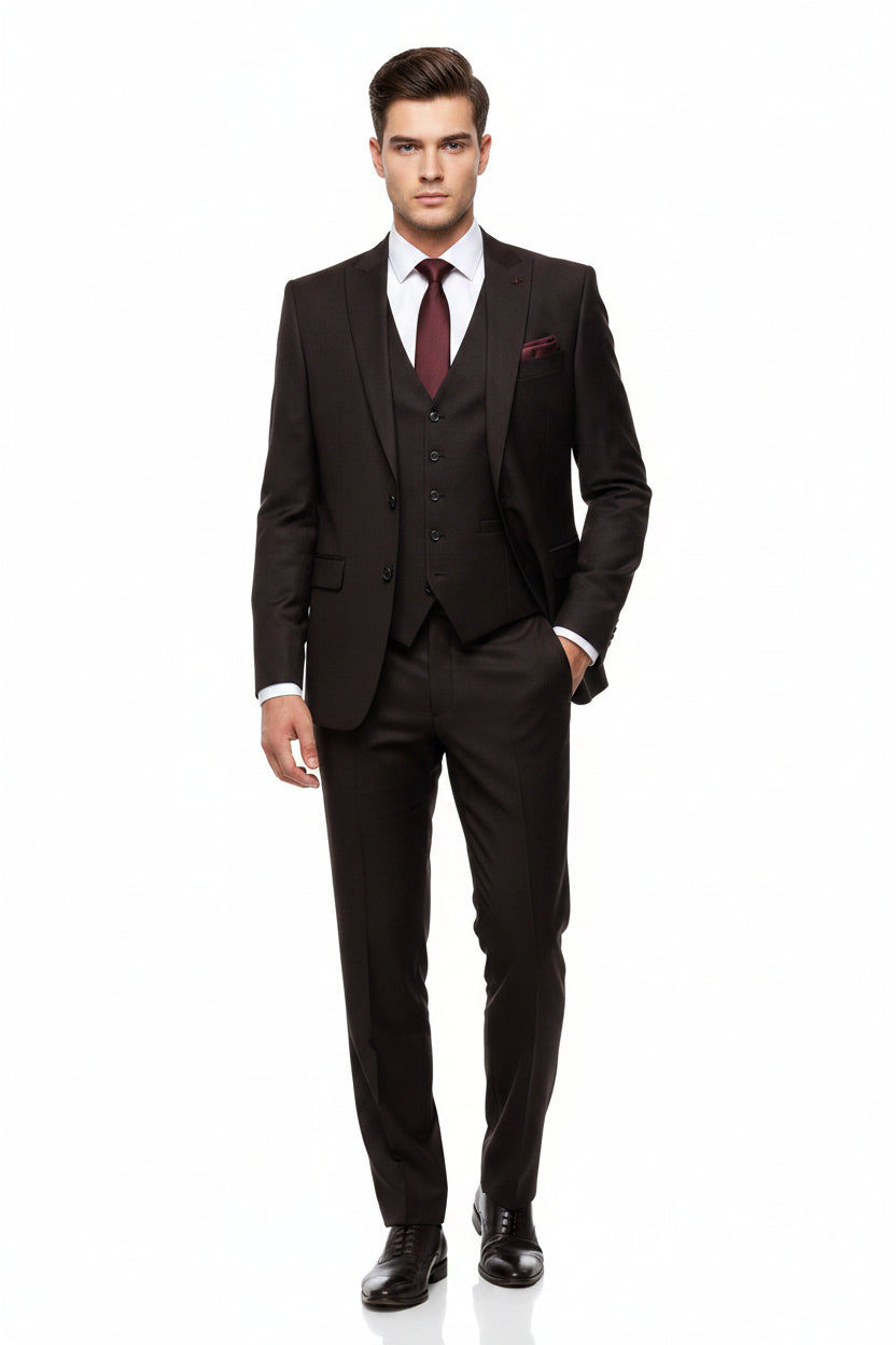 Brown Raymond poly viscose trouser and suiting fabric with a smooth texture, ideal for tailored garments and formal wear.