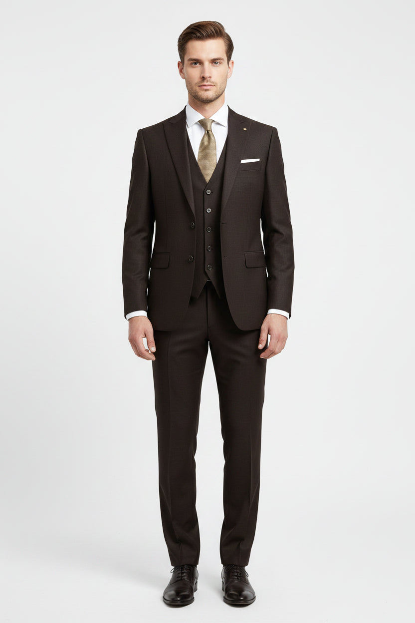 Raymond polywool trousers and suiting fabric in coffee brown, showing folded fabric with textured weave and detailed close-up.