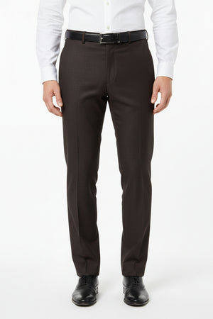 Raymond polywool trousers and suiting fabric in coffee brown, showing close-up of textured fabric and tailored appearance.
