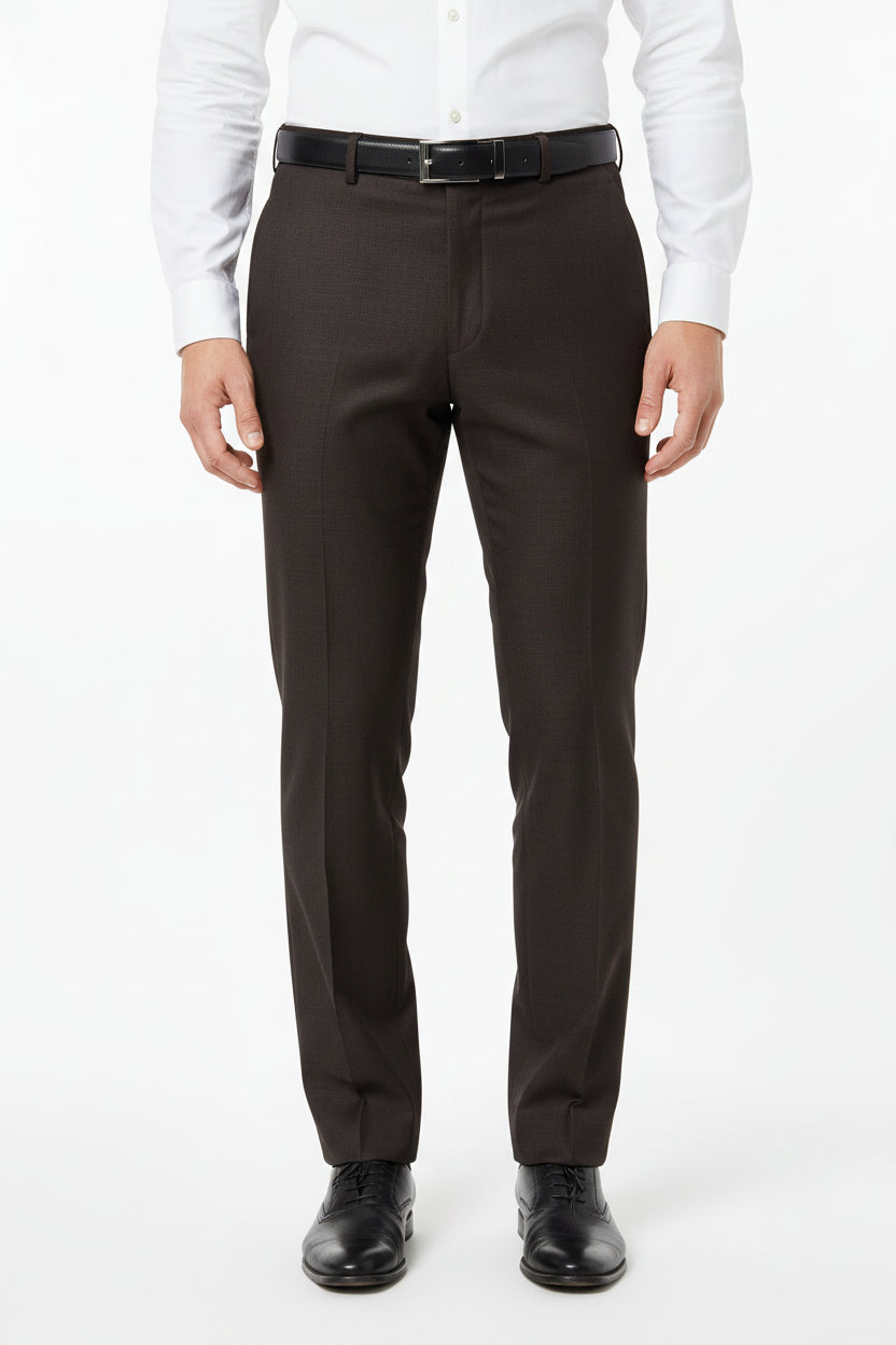 Raymond polywool trousers and suiting fabric in coffee brown, showing close-up of textured fabric and tailored appearance.