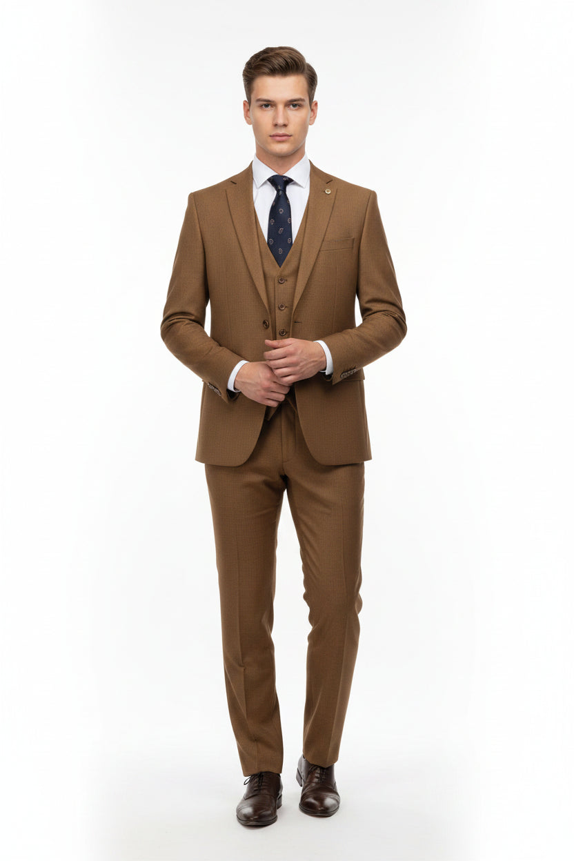 Raymond Luxurious Bronze Polywool Trousers and Suiting Fabric fabric swatch with detailed texture and rich color.