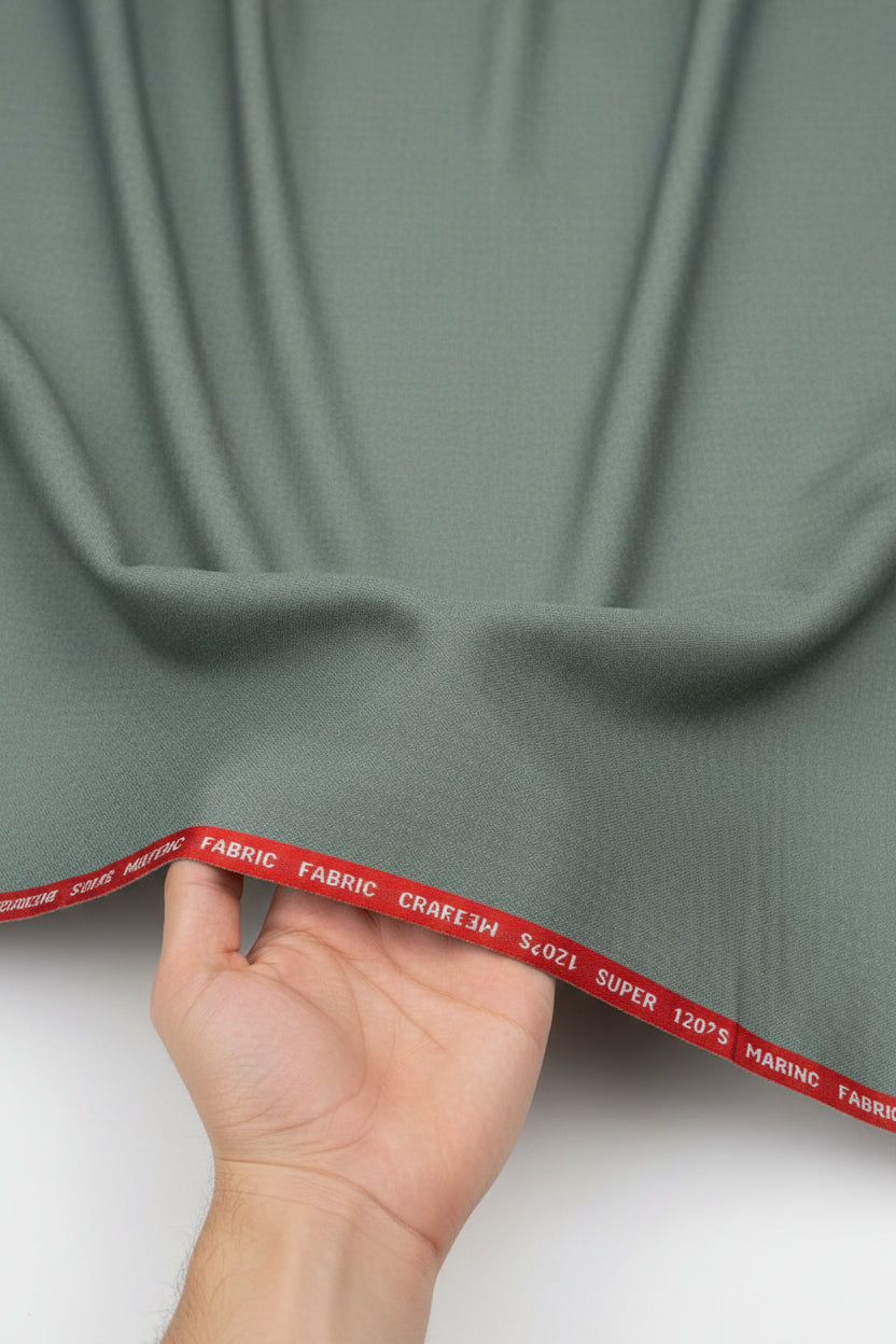 Raymond Luxurious unstitched polywool fabric in Pista Green, suitable for trousers and suiting, shown in close-up detail.