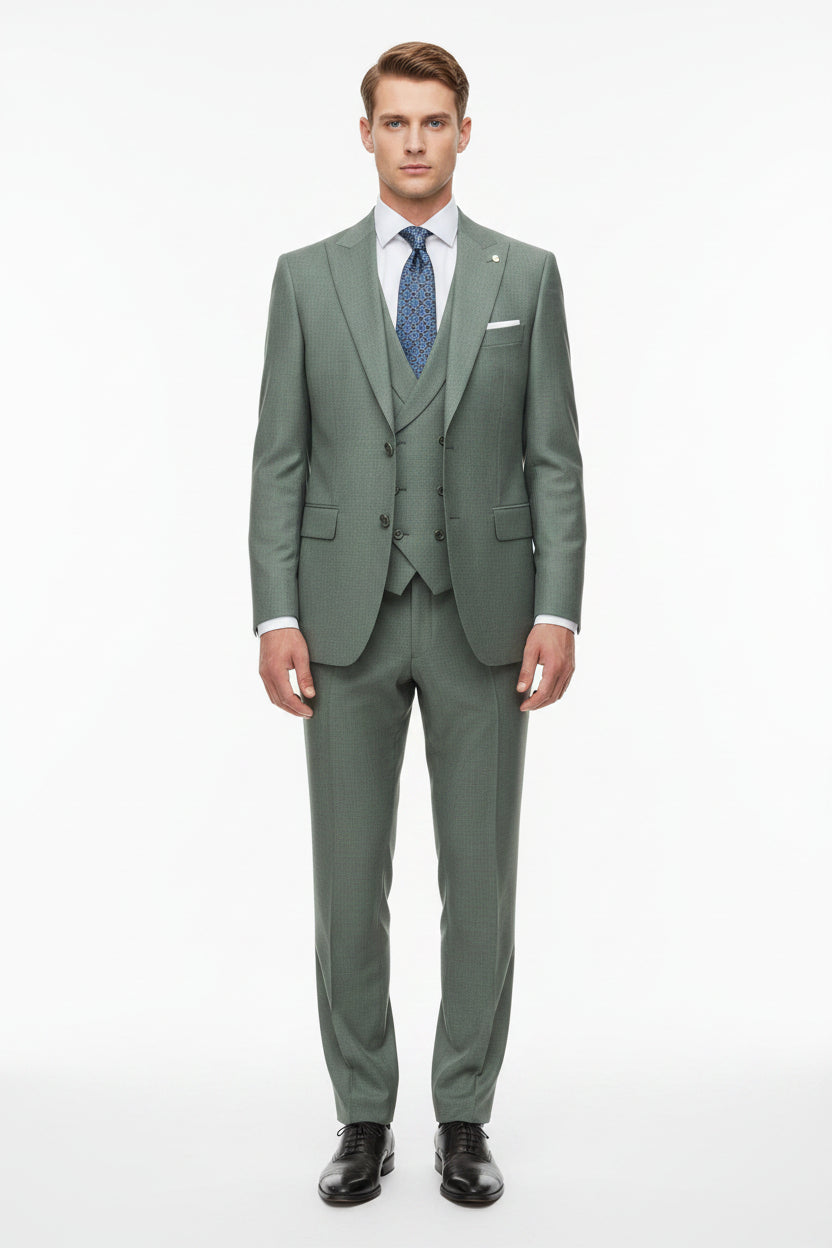 Raymond Luxurious unstitched polywool trouser and suiting fabric in pista green, ideal for custom men's suits and formal wear.
