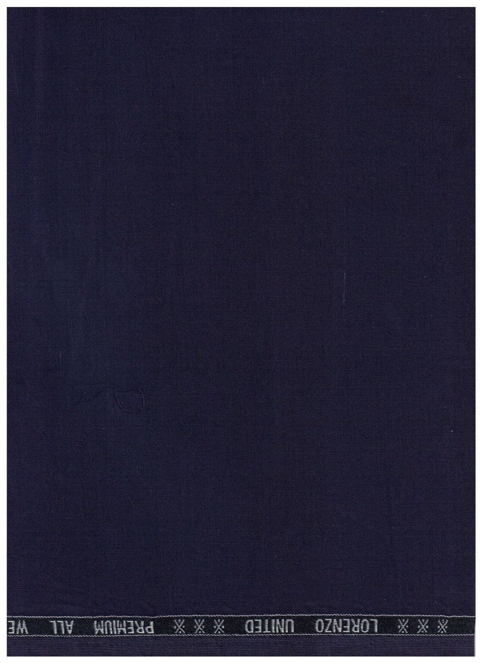 A close-up of dark navy blue fabric with a white branded header band at the top reading LORENZO UNITED PREMIUM ALL WEAR.