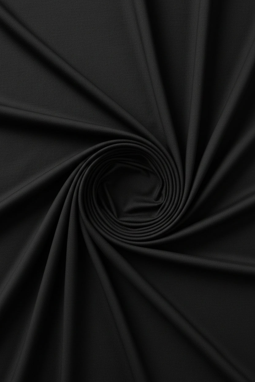 Black Tessuti satin unstitched shirting fabric by Mensfabric, close-up of smooth, glossy black satin material for tailoring.