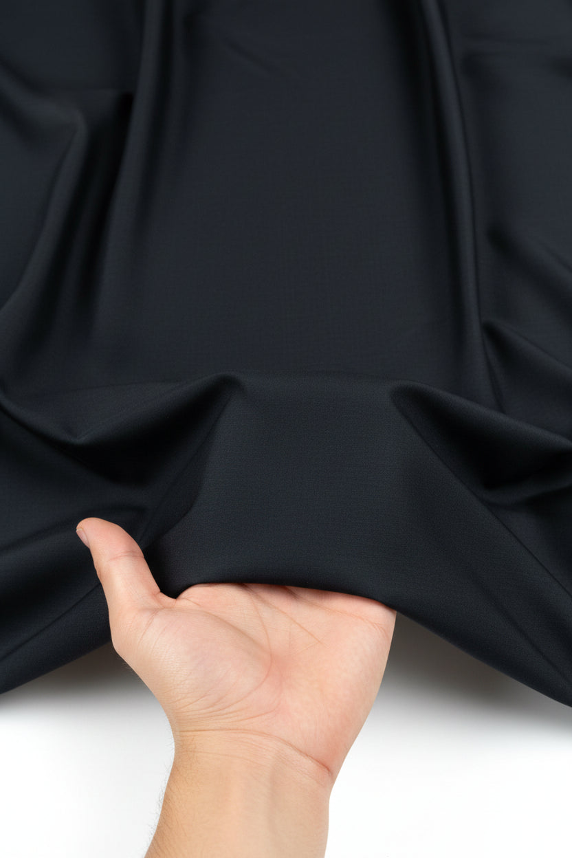 Black Tessuti Satin Unstitched Shirting Fabric from Mensfabric, showing smooth satin texture and plain black design.