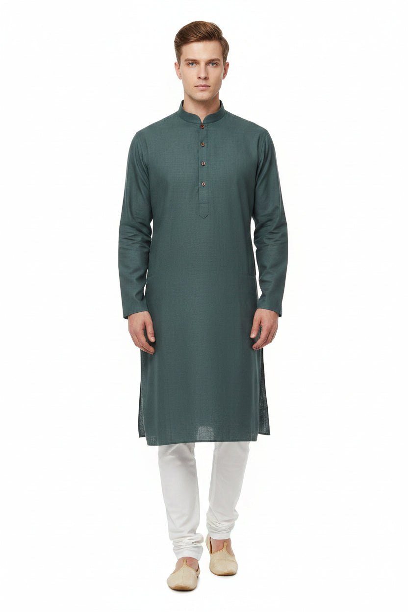 Beetle green Tessuti satin unstitched shirting fabric by Mensfabric, smooth plain woven textile for custom shirts.
