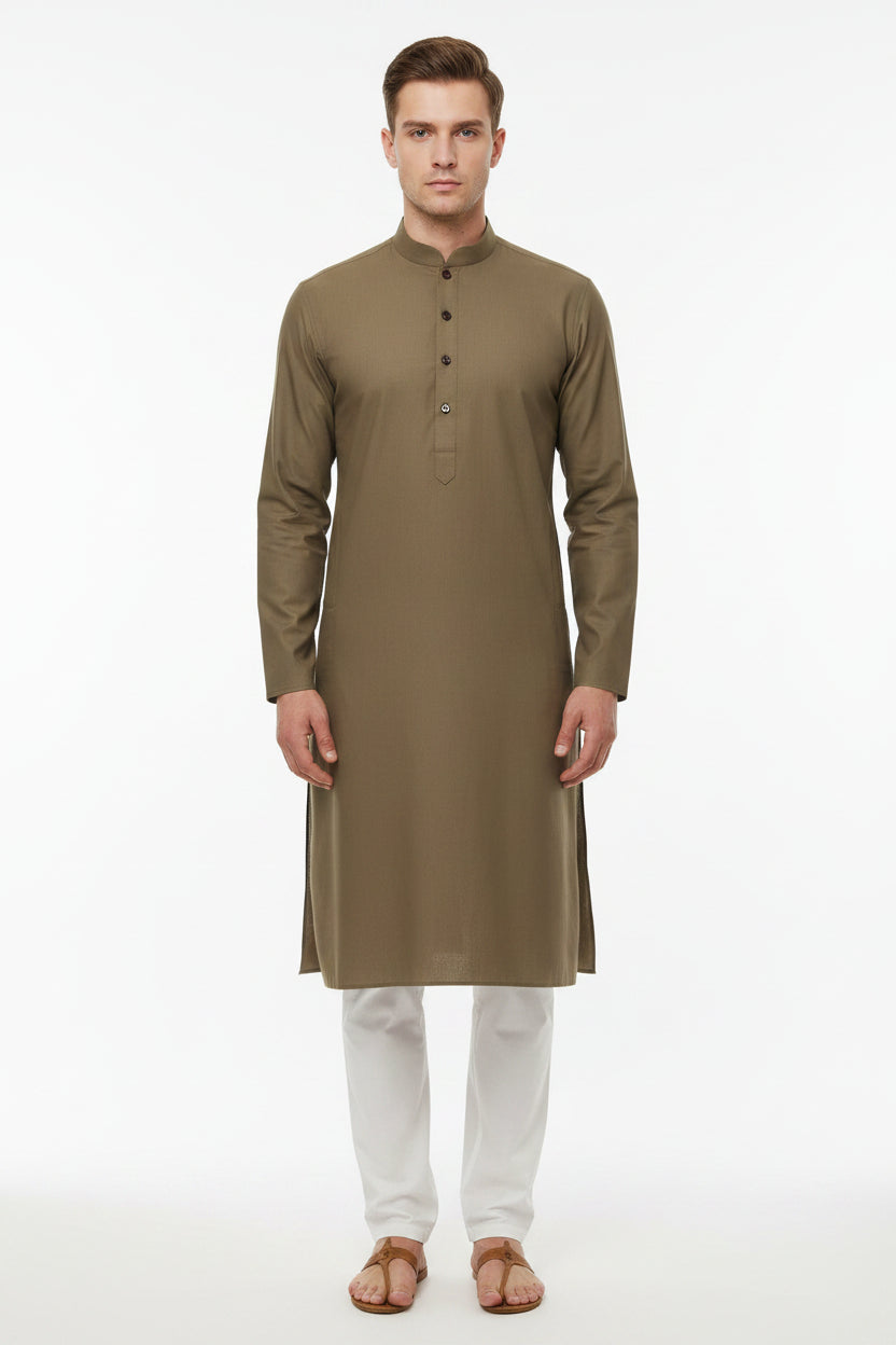 Army brown Tessuti satin unstitched shirting fabric from Mensfabric, showing smooth, plain satin textile with a matte finish.