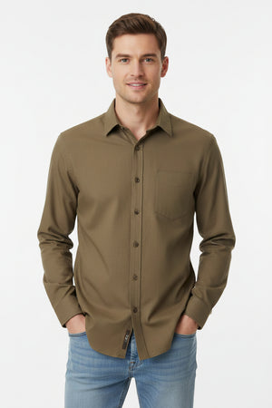 Tessuti Satin unstitched shirting fabric in army brown with a smooth satin finish, by Mensfabric.