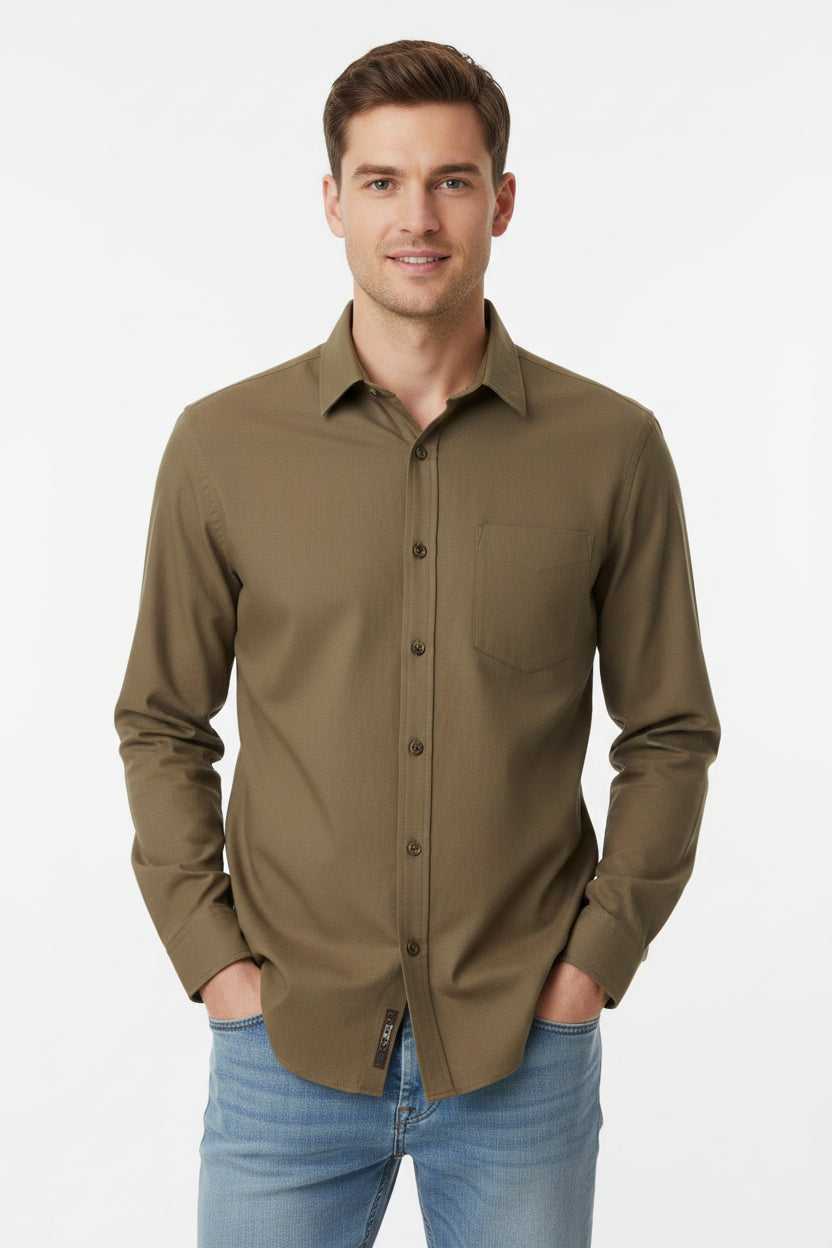 Tessuti Satin unstitched shirting fabric in army brown with a smooth satin finish, by Mensfabric.