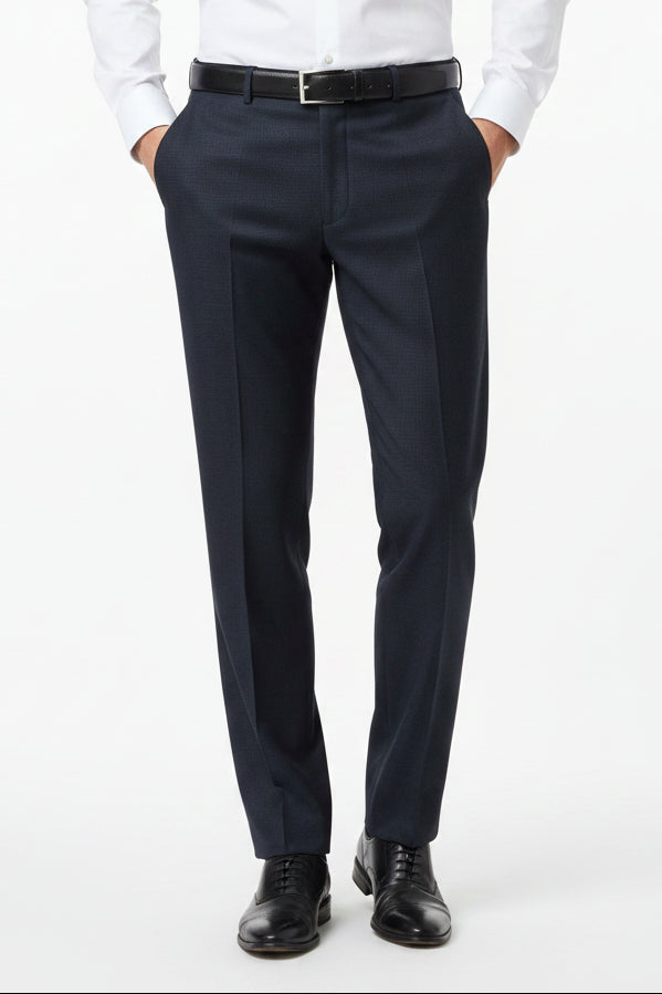 Navy blue Raymond unstitched polyviscose trousers and suiting fabric, fabric close-up showing texture and weave details.