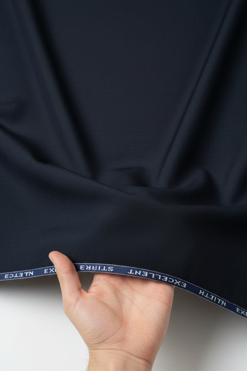 Navy blue Raymond Unstitched Polyviscose trousers and suiting fabric for men's formal wear, shown in a close-up fabric detail image.