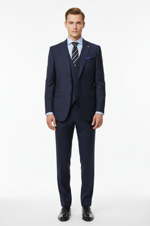 Navy blue Raymond unstitched polyviscose trousers and suiting fabric, fabric texture visible, ideal for custom tailoring and formal wear.