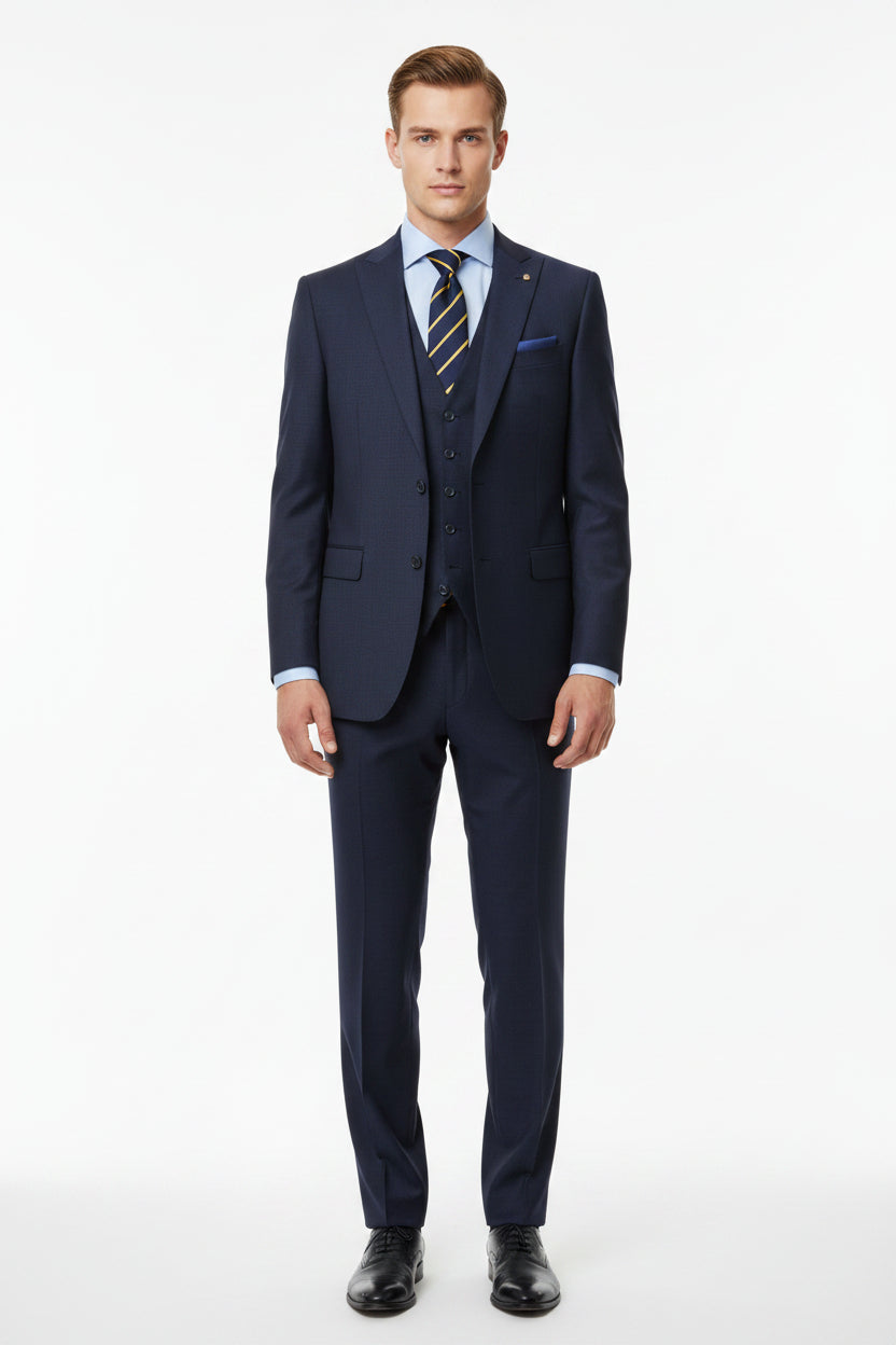 Navy blue Raymond unstitched polyviscose trousers and suiting fabric, fabric texture visible, ideal for custom tailoring and formal wear.